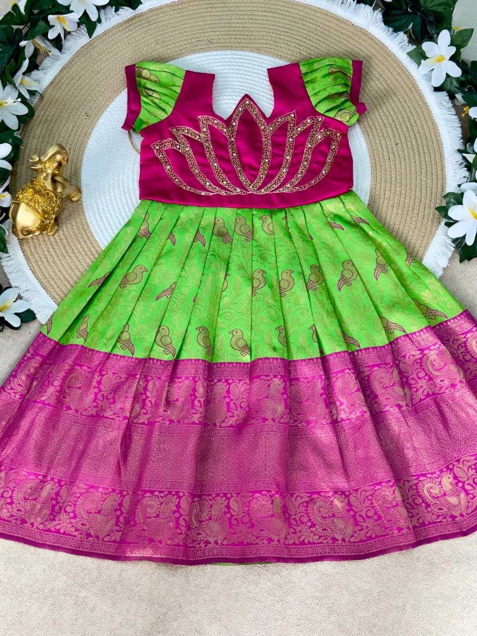 Lotus Frock Jaquard Silk Green Wholesale kids clothing suppliers in Ahmedabad